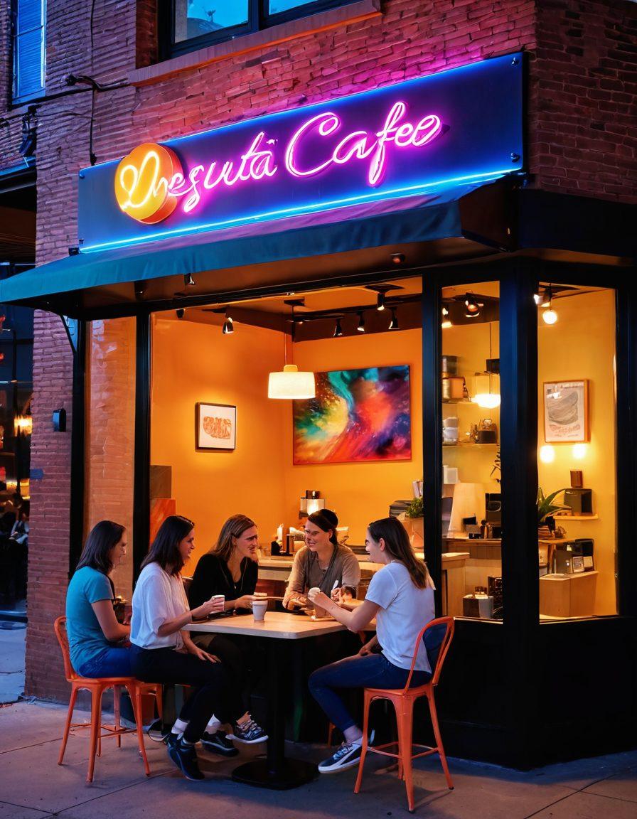A cozy adult cafe scene with plush seating, soft ambient lighting, and an inviting barista preparing artisanal coffee. Couples enjoying intimate conversations over desserts, surrounded by colorful artwork featuring abstract expressions of joy and love. The exterior showcases a vibrant facade with neon signage that reads 'Unleashing Bliss'. super-realistic. warm tones. relaxed atmosphere.