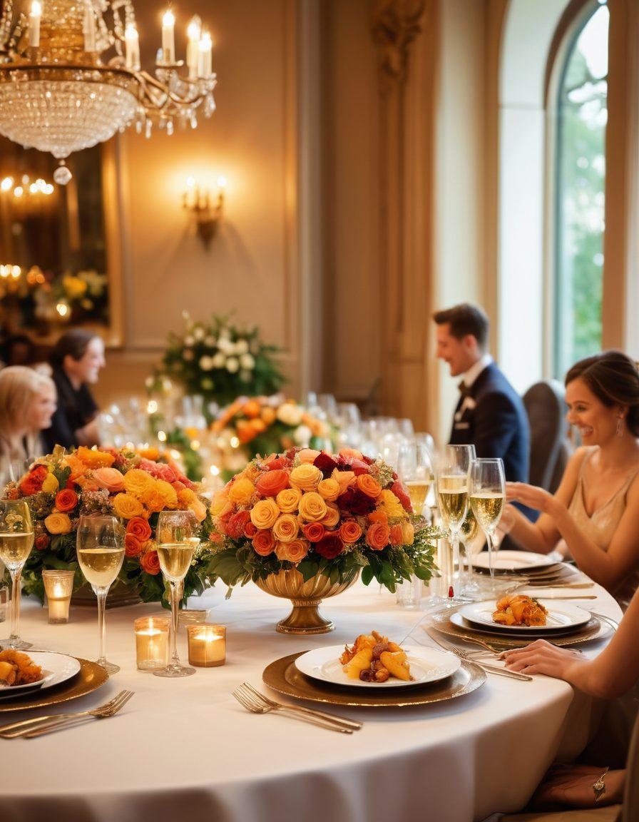 A luxurious, elegantly set table overflowing with gourmet dishes and sparkling wine, surrounded by joyful, smiling guests immersed in laughter. Soft, warm lighting casts a golden hue over the scene, with subtle floral arrangements enhancing the atmosphere of celebration. In the background, a professional server attentively catering to guests, emphasizing the aspect of superior service. Vibrant colors and a feeling of warmth and joy permeate the image. super-realistic. warm tones. elegant ambiance.