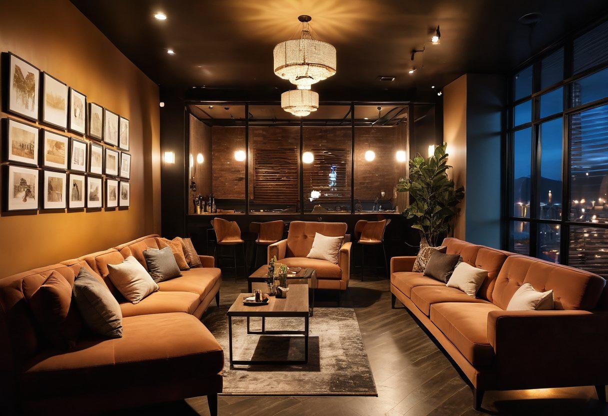 A cozy adult lounge scene filled with plush seating and ambient lighting, showcasing diverse groups of people socializing and enjoying unique activities like gaming and cocktails. Include elements of relaxation such as soothing music notes and artistic decor, with hints of blissful expressions on their faces. The setting should feel inviting and vibrant, inviting the viewer to imagine themselves in this experience. super-realistic. warm tones. cozy ambiance.